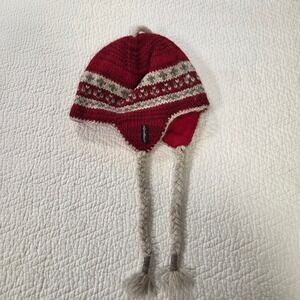 Everest Designs Red Wool Earflap‎ Beanie Fleece Lined Nepal Fair Isle Tassel Hat